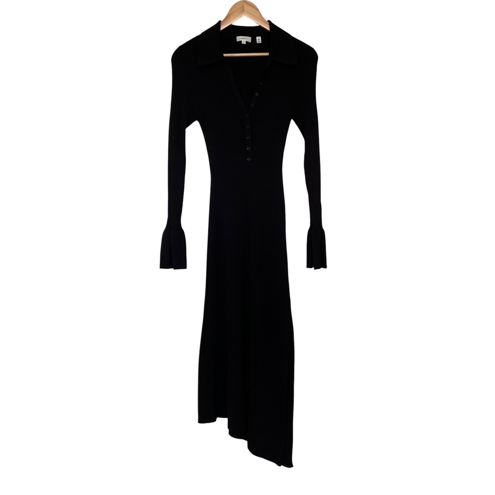 A.L.C Lance Ribbed Long Sleeve Asymmetrical Midi Slit Espresso Brown Dress SZ L - Picture 2 of 13